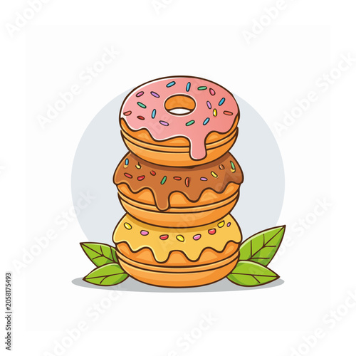 Cartoon illustration of stacked donuts with sprinkles and leaves