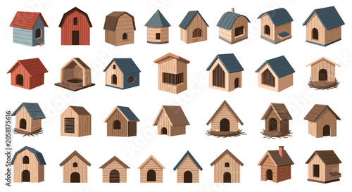 Comprehensive collection of wooden birdhouses and dog kennels shows various architectural styles for pet and wildlife shelters.