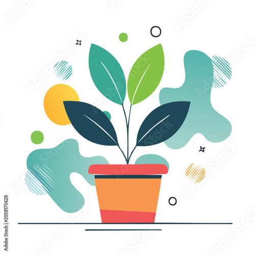 Flat design cactus in pot with sun and clouds