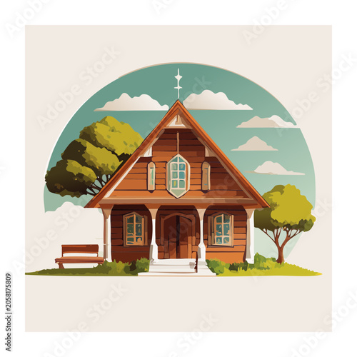 Illustration of a wooden house with trees and a bench