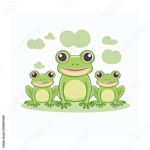 Three Cute Cartoon Frogs on White Background