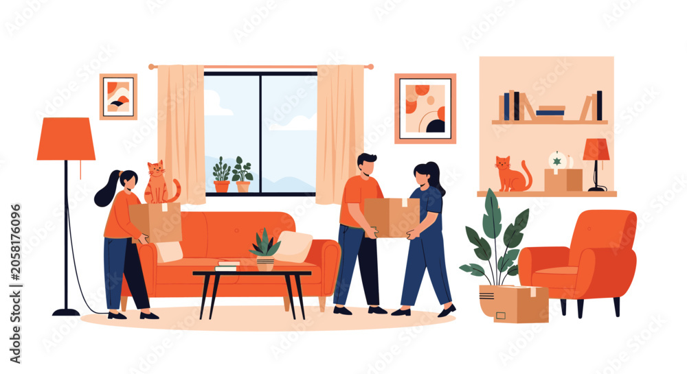 Fototapeta premium Family moving into a new home works together to carry boxes while their pet cats explore the warm and sunny living room interior.