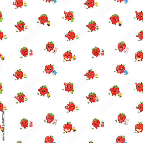 Seamless repeating pattern of cute smiling apples in bright red fruit style for fabric wallpaper wrapping paper and nursery decor