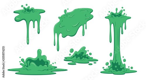 Toxic green slime drips and splashes from above and onto the ground creating a hazardous and messy liquid effect for horror graphics.