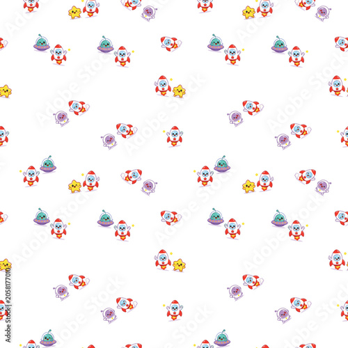 Seamless repeating pattern of tiny smiling rockets and playful space doodles for kids fabric wallpaper and space themed decor