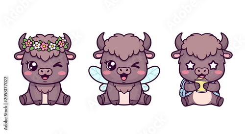 Cute Cartoon Bulls with Flower Crown and Wings.