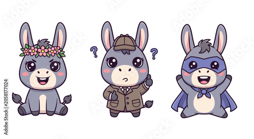 Cute Cartoon Donkey Characters in Different Outfits.
