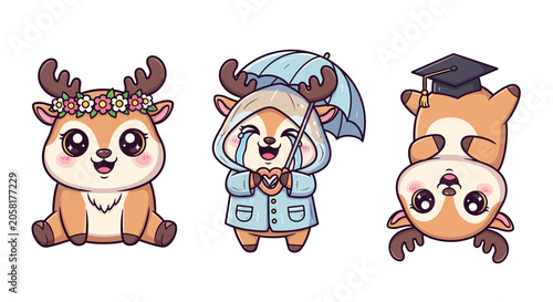 Cute Cartoon Deer Characters in Different Outfits.
