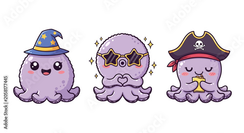 Cute Purple Octopus Characters in Costumes.