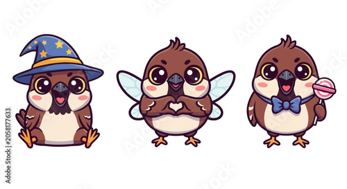 Cute Cartoon Owls in Festive Costumes.