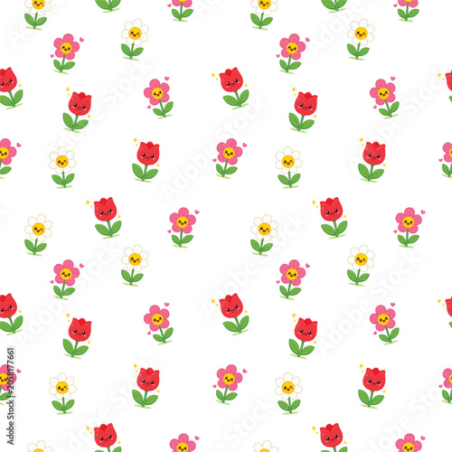 Seamless repeating pattern of cute smiling rose blooms in bright floral colors for elegant fabric wallpaper and stationery