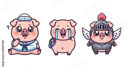 Cute Cartoon Pigs in Different Costumes and Outfits.