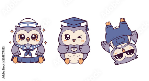 Cute Cartoon Owls in Different Outfits and Poses.