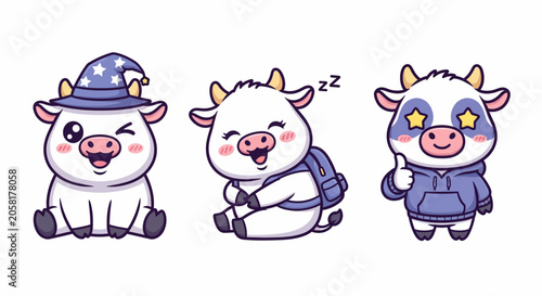 Three Cute Cartoon Cows in Different Outfits.
