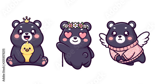 Cute Cartoon Bears with Crowns and Wings.