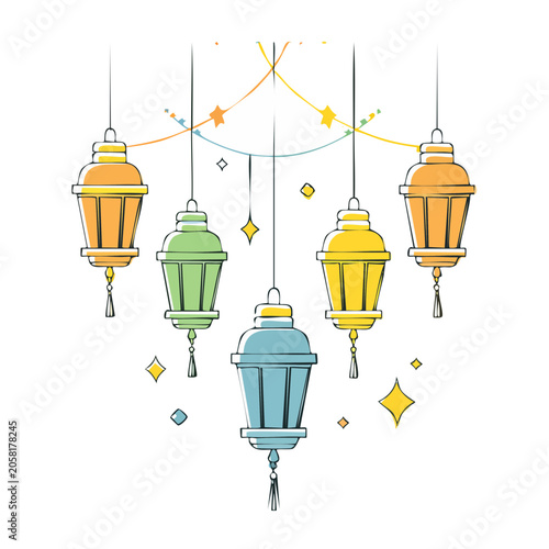 Symmetrical street lamp vector with fireflies