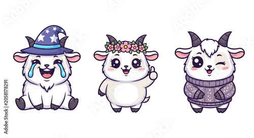 Three Cute Cartoon Goats in Costumes and Outfits.