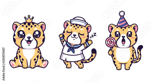 Cute cartoon leopards in festive outfits and accessories.