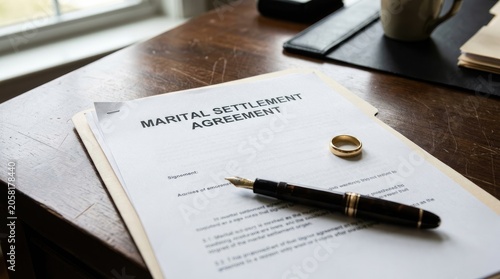 A person is reviewing a marital settlement agreement on a wooden table. A pen and a wedding ring rest on the document.