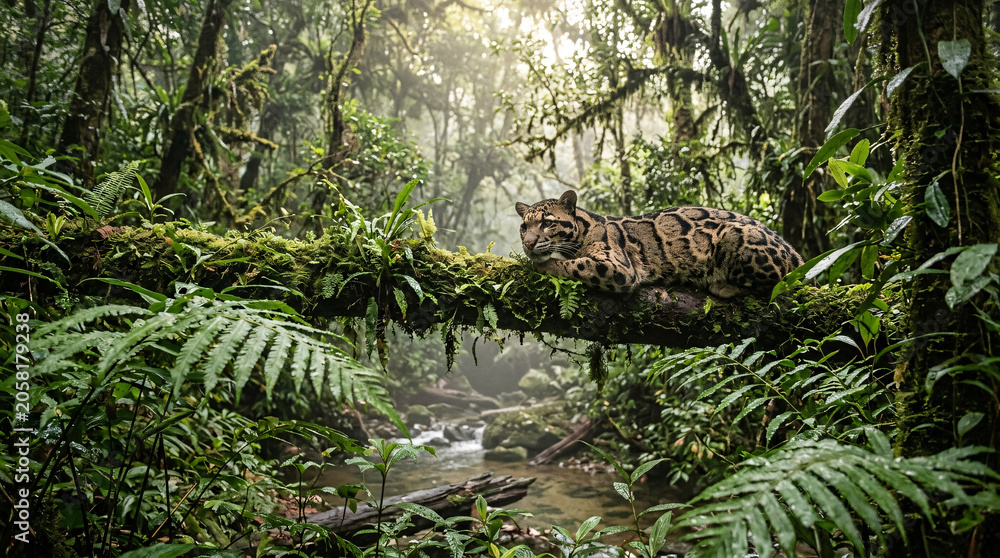 Fototapeta premium Clouded leopard resting on a mossy tree branch in a vibrant, sun-dappled rainforest with a stream flowing below.
