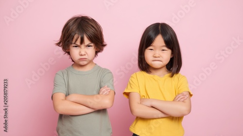 Two upset children with arms crossed, expressing anger on pink background
