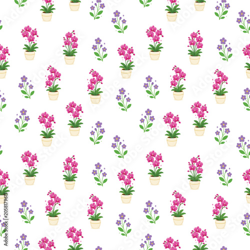 Seamless repeating pattern of cheerful potted flowers in a charming garden pot style for textile wallpaper and gift wrap
