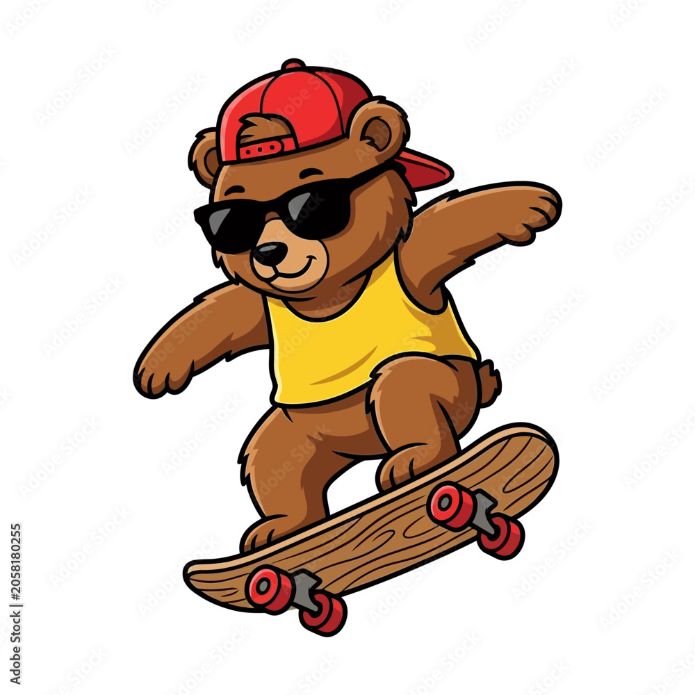 Fototapeta premium Brown bear wearing sunglasses skateboarding.
