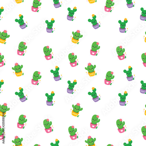 Seamless repeating pattern of cute smiling cactus plants and tiny pots for desert themed wallpaper fabric and stationery