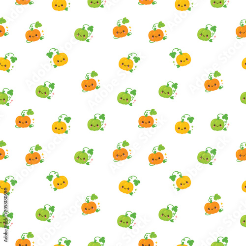 Seamless repeating pattern of cute smiling pumpkins for autumn fabric wallpaper wrapping paper and harvest themed decor