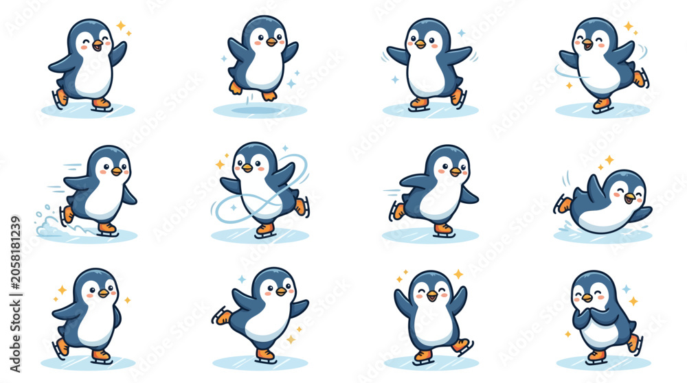 Fototapeta premium Cartoon penguins in various dance poses.