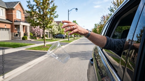Close up of a person throwing a plastic cup out of a moving car window