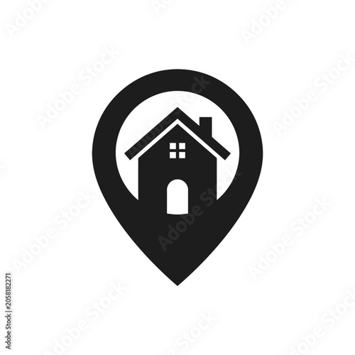 Black house icon on map pin.