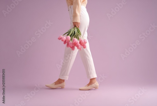 Woman in White Pants Walking with Pink Tulips on Purple Background