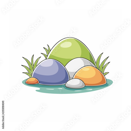 Cartoon illustration of colorful stones with grass