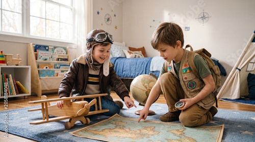 Little Explorers' Adventure: Two young boys, dressed in adventure gear, excitedly plan their journey using a world map and compass in a playful bedroom setting.
