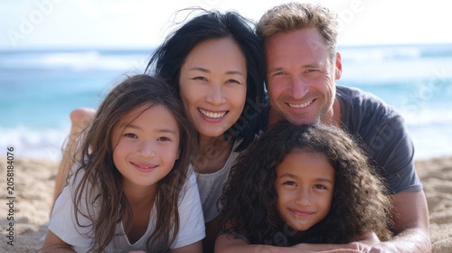 Happy mixed-race family of four smiling on a sunny beach vacation