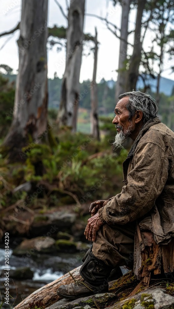 Obraz premium Elderly Man in Camouflage Sitting by a Forest Stream.