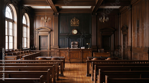 A Grand Courtroom Setting: An ornate and traditional courtroom interior, featuring rich wooden benches, a judge's bench, and arched windows, evoking a sense of solemnity and justice.