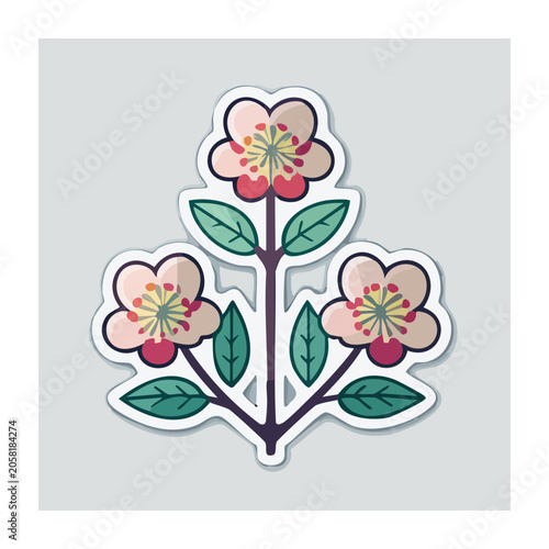 Pink Blossom Branch with Green Leaves Flat Design