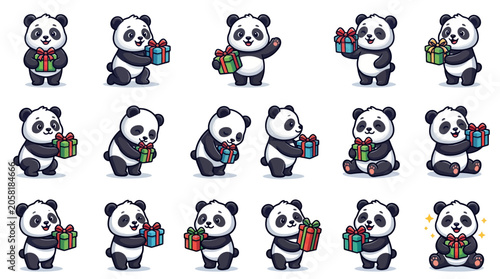 Fotografía Cute pandas holding colorful gift boxes.