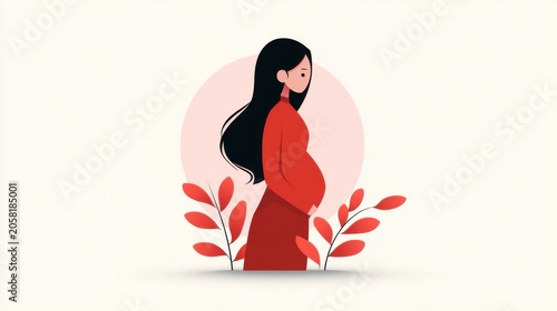 Minimalist Illustration of a Pregnant Woman in a Red Dress