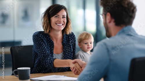 Smiling woman shakes hands with man during business meeting, child present