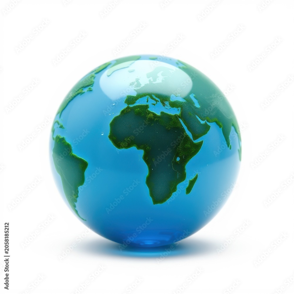 Fototapeta premium Blue globe depicts Earth, continents visible. Reflective surface suggests polished material. Simple presentation, clean background.