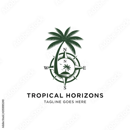 Clean and professional logo combining a palm tree and a compass rose, suitable for travel agencies and adventure tourism.