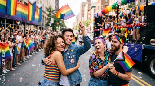 Pride Parade Celebration: A vibrant group of friends shares a joyous moment at a Pride parade, surrounded by rainbow flags, cheering crowds, and festive floats. The atmosphere is electric with love.