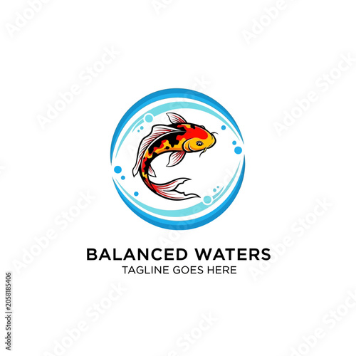 Dynamic and balanced logo featuring a colorful koi fish jumping within a wave circle, ideal for wellness centers, seafood restaurants, and aquatic brands.
