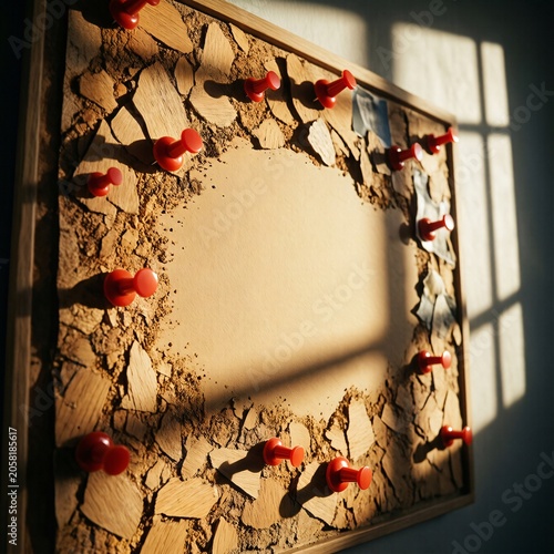 Weathered cork notice board frame with multiple red push pins and copy space