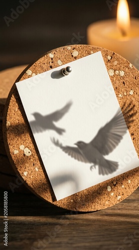 Round cork coaster with flying bird shadows and candle light