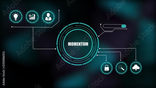 Business momentum concept with futuristic hud interface, corporate growth strategy background, abstract technological design elements.