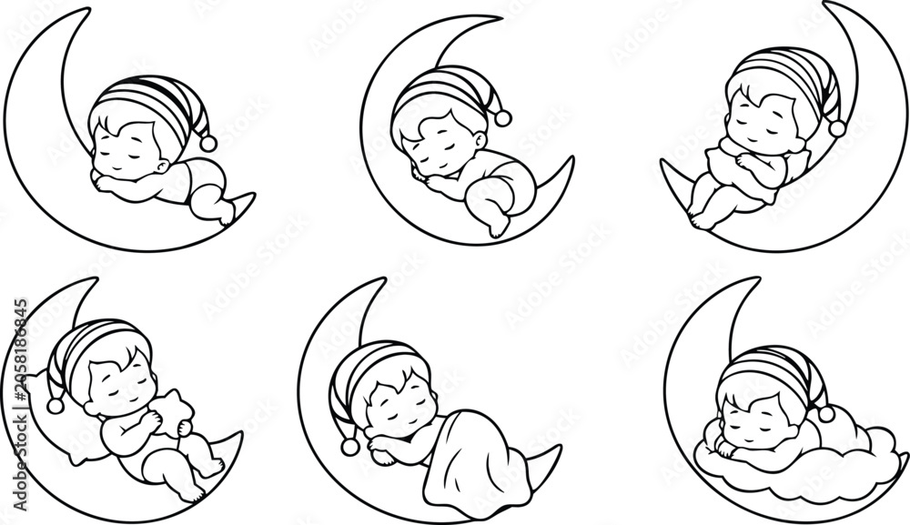 Fototapeta premium Newborn Baby Sleeping Peacefully in Crescent Moon Vector Illustration